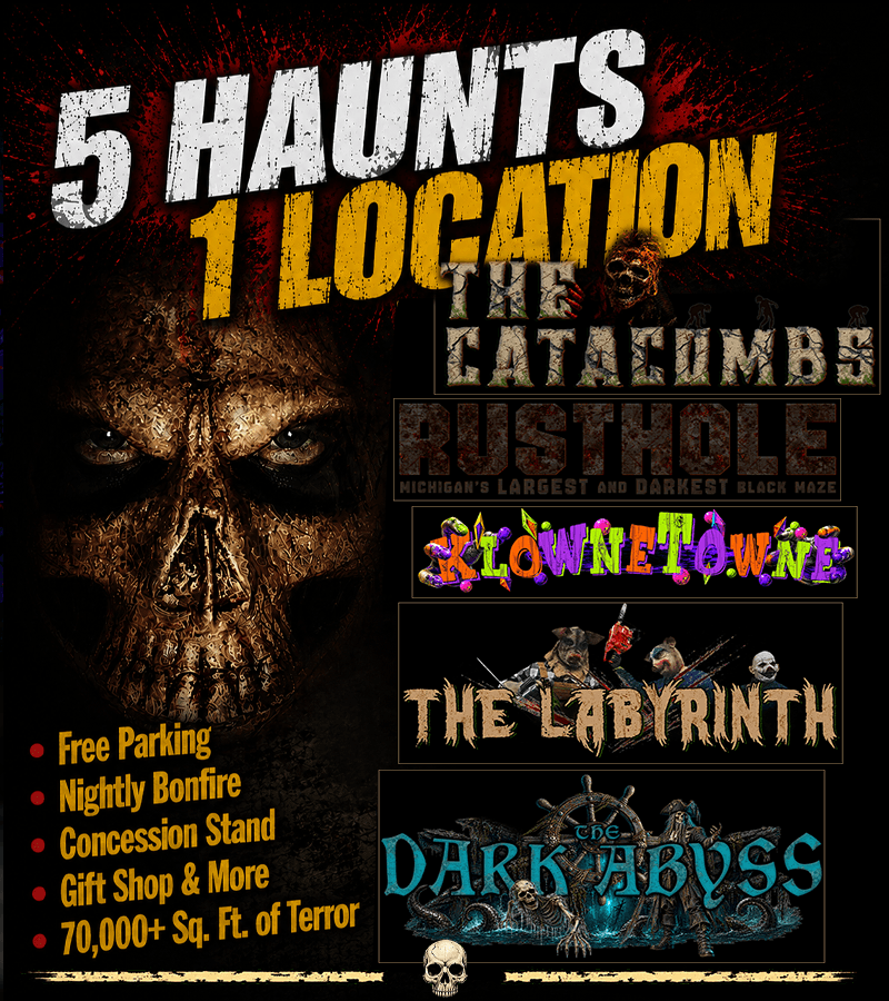 5-haunts-one-location-mobile DarkSyde Acres graphic promoting 5 haunts at 1 location: The Catacombs, Rusthole, KlowneTowne, The Labyrinth and The Dark Abyss, plus free parking, nightly bonfire, concession stand, gift shop and over 70,000 square feet of terror.