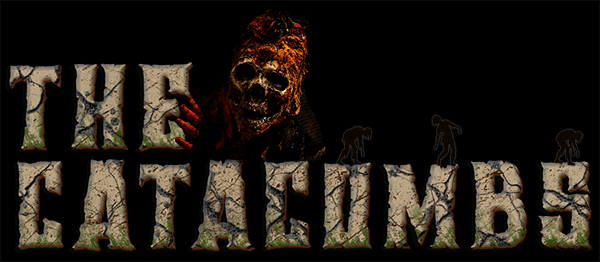 DarkSyde Acres’ The Catacombs logo featuring cracked stone lettering, a skull-faced character peeking around the word “The,” and zombie silhouettes walking across the letters.