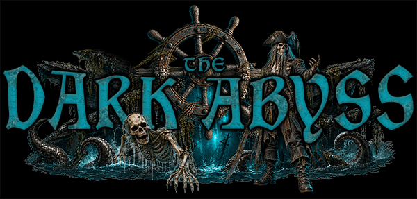 DarkSyde Acres’ The Dark Abyss logo featuring distressed turquoise lettering, an undead pirate, ship’s wheel, skeleton and tentacles rising from dark ocean water.