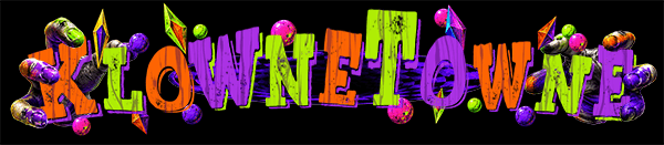 DarkSyde Acres’ KlowneTowne logo featuring distressed neon orange, green and purple lettering surrounded by colorful clown hands, balls and diamond shapes.
