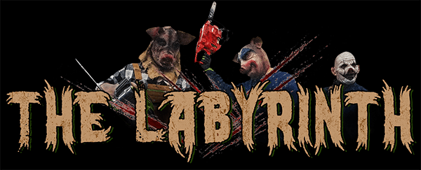 DarkSyde Acres’ The Labyrinth logo featuring distressed tan lettering and three masked chainsaw characters emerging from behind the title.